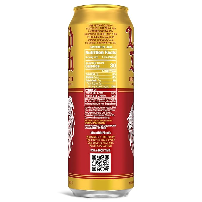 Liquid Death, Rest in Peach Iced Tea, 8-Pack (19.2oz Cans), Peach Flavored Back Tea, Low Calorie, No Artificial Sweeteners, B12 & B6 Vitamins