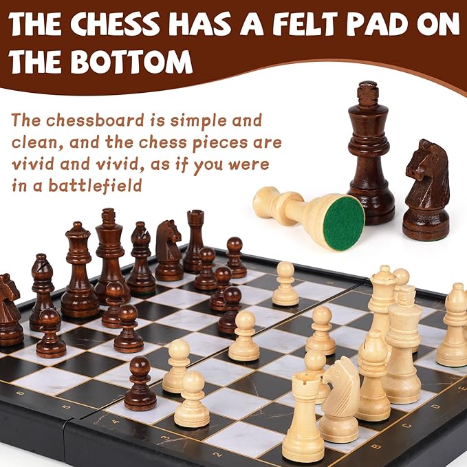 15-Inch Wooden Chess Set – Premium Folding Wooden Chess Board with Carved Chess Pieces, Built-in Storage, Portable and Travel-Friendly Chess Game Sets for Adults and Kids