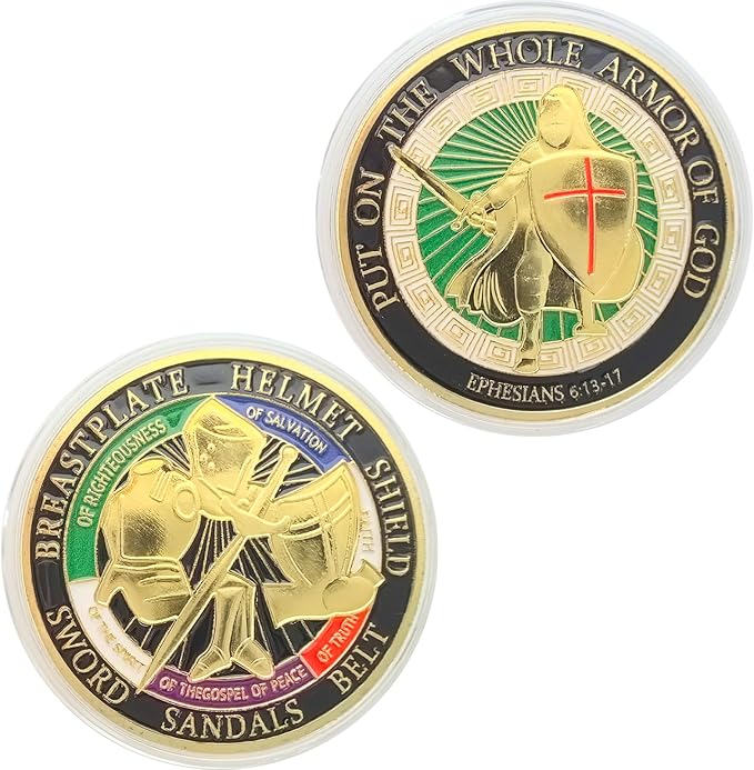 Armor of God Coin Challenge CoinRound Commemorative Coins Put on The Whole Armor of God Souvenir Prayer Metal Christian Coin for Military Church Party Collectors (Edition A - 9 Pcs)