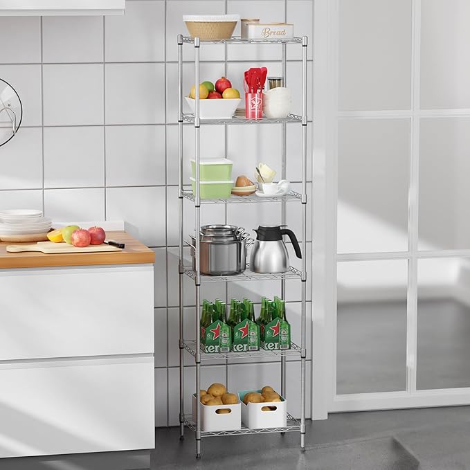 BestOffice 6-Shelf Storage Shelves, Adjustable Shelving Unit Wire Shelving Metal Shelves,11.8" D x 16.7" W x 63.6" H,Chrome