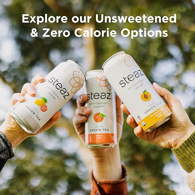 Steaz - Organic Green Tea - Superfruit (12 Pack) - Antioxidant Brew - 65mg Natural Caffeine, 90 Calories, Vitamin C - Cane Sugar Sweetened Iced Tea - Vegan, Fair Trade - 12 Cans, 16 fl oz (473mL)