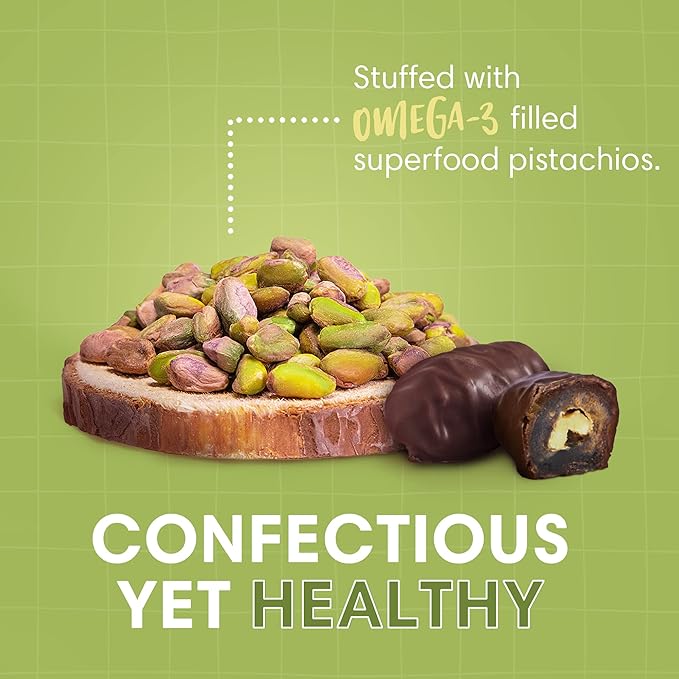 Dorrel Belgian Dark Chocolate Covered Medjool Dates Stuffed with Pistachios, Nutritious and Tasty Dark Chocolate Pistachio Nuts, High-Energy Snack, Non-GMO, Kosher, 1 Pack