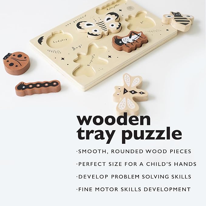 Wee Gallery Wooden Tray Puzzle Bugs, Montessori Toy for Toddlers and Preschoolers for Early Learning and Fine Motor Skill Development, Sustainable Educational Puzzle for Kids
