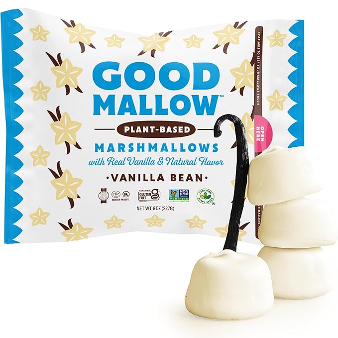 GoodMallow Vegan Marshmallows - Large Kosher Halal Gluten Free Dairy Free Healthy- Natural Gelatin Free Marshmallows for Hot Chocolate, Smores, Baking - Nothing Artificial (White Vanilla) (Pack of 1)