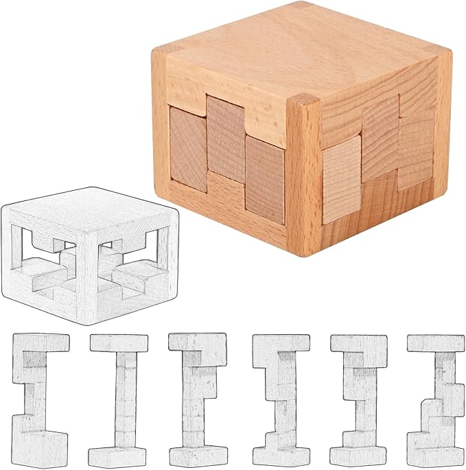 60 Steps Hard Wooden Cube Brain Teaser Puzzle Toys Mini Size Big Challenge Gamges 3D Assembly and Disentanglement Unlock Toy Unique Learning Gift for Kids and Adults