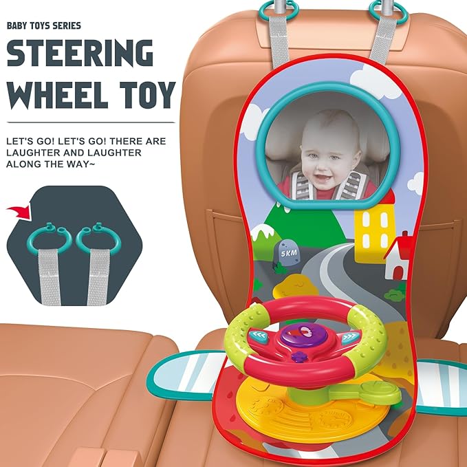 Happytime Travel Baby Toys, Interactive Dashboard Steering Wheel Pretend Play Driving Toy, Rear Car Seat Toys with Mirror 2-in-1 Baby Stroller Toy.