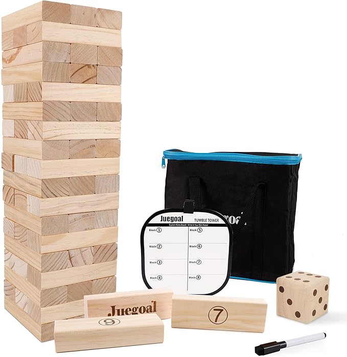 Juegoal 54 Pieces Giant Tumble Tower Blocks Game Giant Wood Stacking Game with 1 Dice Set Canvas Bag for Adult, Kids, Family