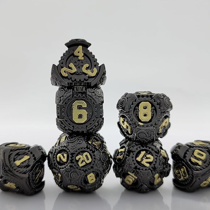 Geakeeper Construct D&D Dice, Metal DND Dice Set, 7Pcs Polyhedral Dragon Metallic D&D Dice with Gift Case for Dungeons and Dragon Game, RPG Role Playing Table Game Gifts (Black Gold)