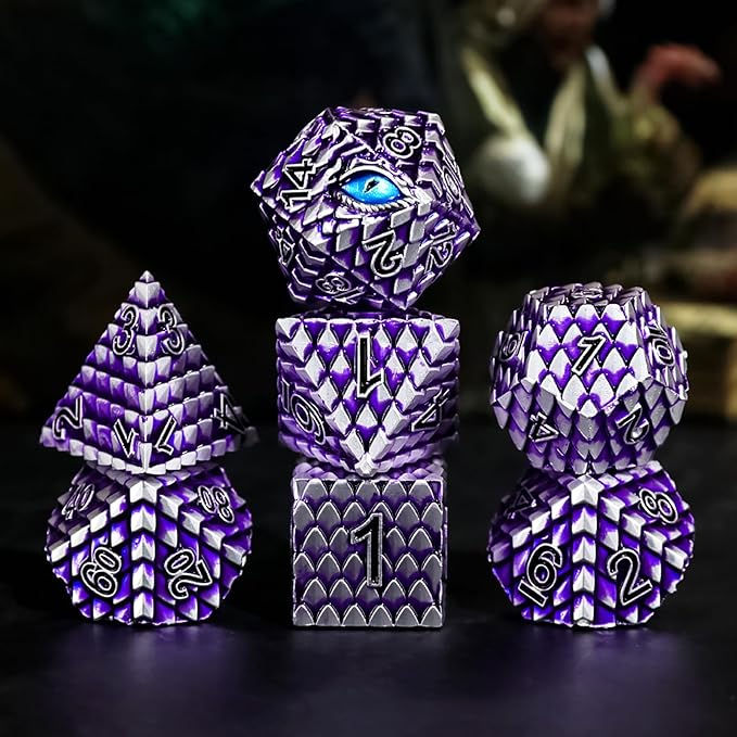 Metal Dice Set D&D,7 PCS Dragon Scale Metallic DND Dice Set,Dragon Eye Metal Dice with Grogeous Gift Case for Dungeons and Dragon Tabletop Game (Purple Dragon Scale & Blue Eye)