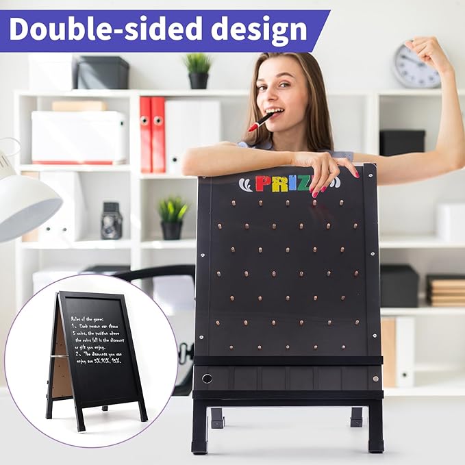 Prize Drop Game Board, 15.7"X27.5" Double-Sided Foldable Design with Wooden A-Frame Chalkboard Sign for Family, Carnival, Trade Show & Party-Includes 10 Coin Drop Discs and Chalk Set, Portable Design