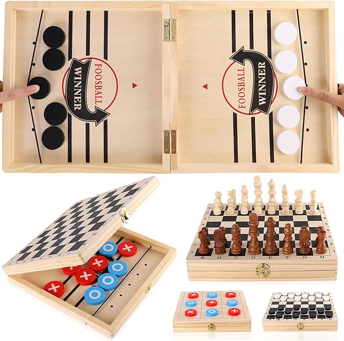 Sling Puck Game, Chess Checkers Game Set, 4 in 1 Board Game, Fast Hockey Table Game, Tic Tac Toe Slingshot Chess Set for Kids