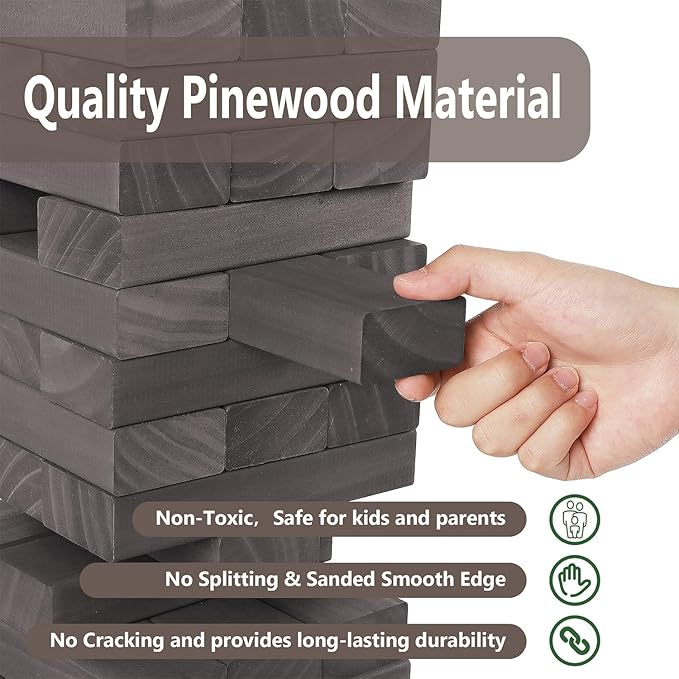 Juegoal 54 Piece Giant Tumble Tower Grey for Adult Kids Family, Wooden Block Stacking Game with Gameboard & Canvas Bag, Outdoor Games for Backyard Lawn Party Playing, 6.9 x 6.9 x 24 Inches,X-Large