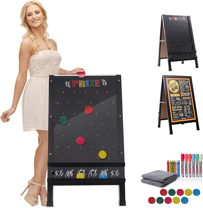 15.7x27.5in Foldable Prize Drop Game Board, Double-Sided Coin Drop Game with Chalkboard Sign, Includes 10 Coin Drop Discs, Perfect for Store Events, Parties, Carnivals, and Trade Shows