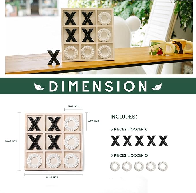 GENMOUS Wooden Tic Tac Toe Game Board for Seniors Family Indoor Game, 10.6 Inch White Rustic Giant Tic Tac Toe Coffee Table Decor, Tic Tac Toe Board Game Fun for Family Travel Outdoor Game Room Decor