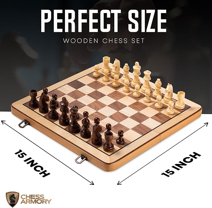 Chess Armory Wooden Chess Set 15 Inch - Premium Beech Wood Handcrafted Game Board for Adults and Kids with Extra Queen Pieces and Storage Box - Ideal for Home and Travel - Non-Magnetic