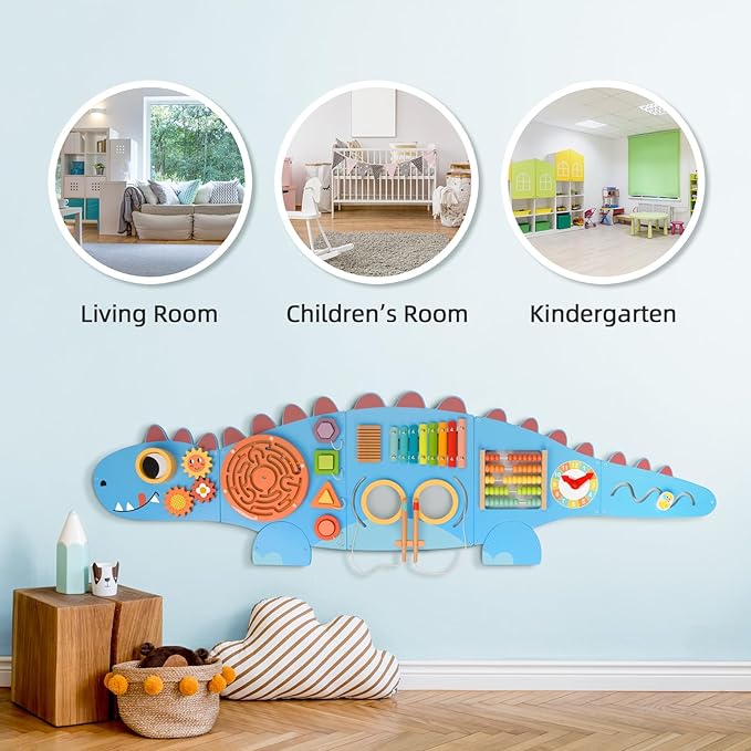 Dinosaur Sensory Wall Panel for Kids,10-in-1 Wall Toys for Toddlers, Montessori Busy Board, Activity Wall Busy Board Suitable for Toddler Playroom Bedroom Decor