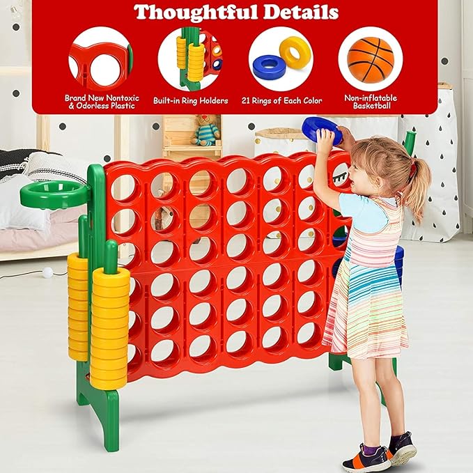 Giant 4 in a Row Connect Game, Jumbo 4 to Score Game Set w/ 42 Chess Rings, Basketball & Hoop, Toss Rings & Quick-Release Lever, Indoor & Outdoor Family Party Game for Kids & Adults