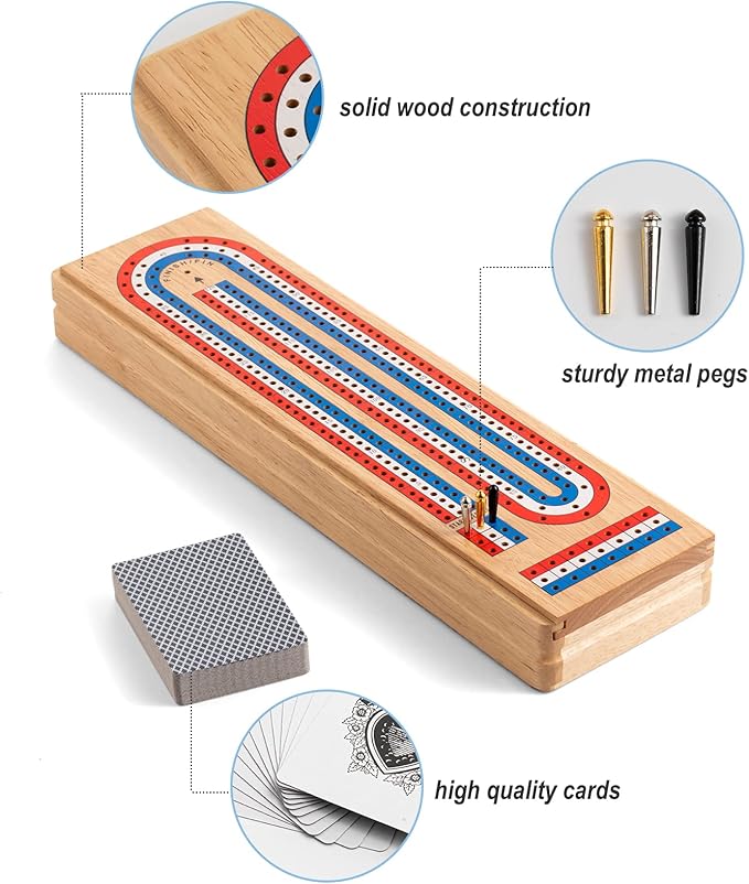 Cribbage Board Game Set with Large Storage Area, Solid Wood 3 Track Cribbage Board, 9 Metal Pegs, 2 Playing Cards and Instruction. Portable Travel Board Game for All Ages.