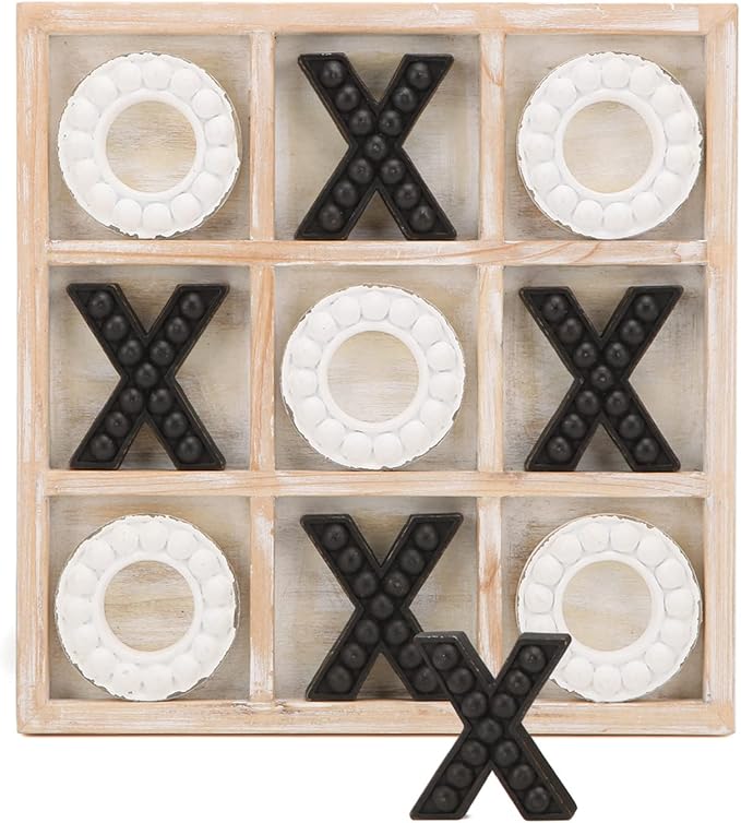 NIKKY HOME Tic Tac Toe Game Coffee Table Decor, 10.6 Inch Rustic Wooden Board, Black & White