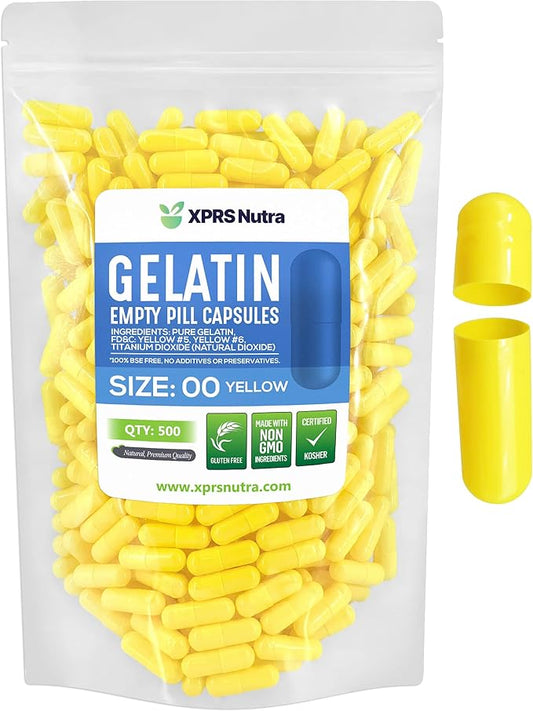 XPRS Nutra Size 00 Empty Capsules - 500 Count Empty Gelatin Capsules - Pills DIY Capsule Filling - Fillable Pill Gel Caps for Do-It-Yourself Supplements (Yellow)