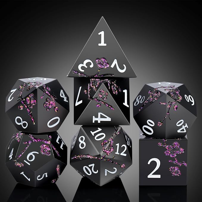 Glitter Purple Metal D&D Dice, DNDND 7 PCS Flower Metallic DND Dice Set with Gorgeous Gift Case for Dungeons and Dragon Tabletop Game (Matte Black with Glitter Purple Flower)