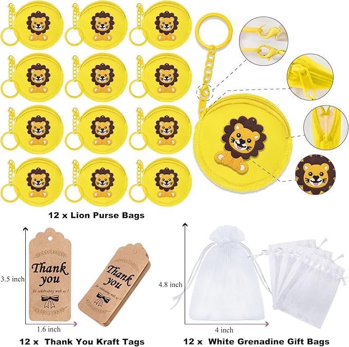 36 Pack Lion Change Purses Set Include 12 Lion Wallets with Keyrings, 12 Thank You Tags and 12 Organza Bags for Lion Jungle Safari Animals Baby Shower Wild ONE Party Supplies,Yellow