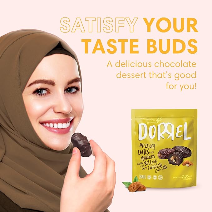 Dorrel Belgian Dark Chocolate Covered Medjool Dates Stuffed with Salted Almonds, Nutritious and Tasty Dark Chocolate Almond with Sea Salt, High-Energy Snack, Non-GMO, Kosher,