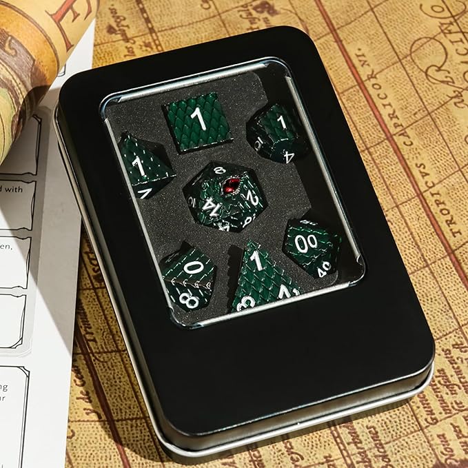 Metal Dice Set D&D,7 PCS Dragon Scale Metallic DND Dice Set,Dragon Eye Metal Dice with Grogeous Gift Case for Dungeons and Dragon Tabletop Game (Dark Green Dragon Scale & Red Eye)