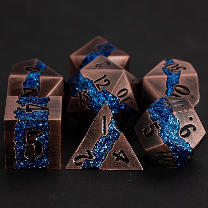 Metal DND Polyhedral Dice,Large Stripe Glitter Metallic Dice Set,Antique Silver Dice 7pcs Set for Role Playing Games(Antique Copper Blue)