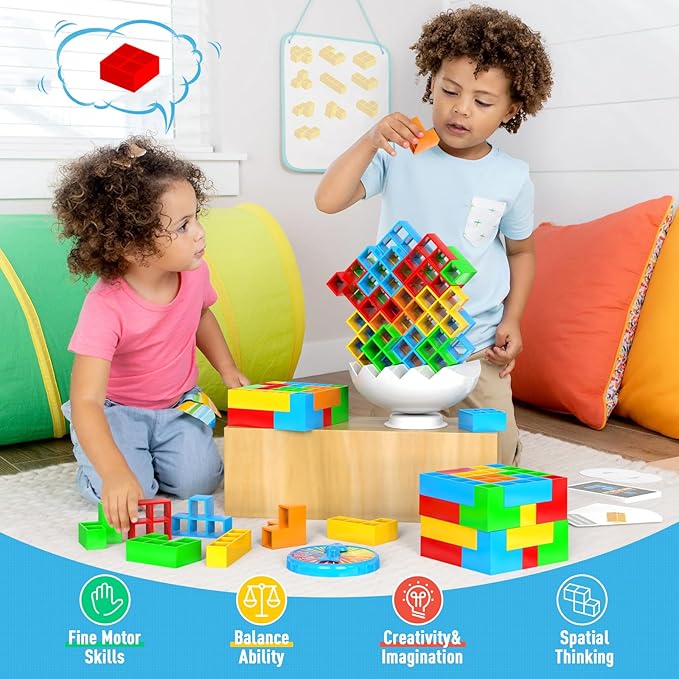 70PCS Stack Game for Adult & Kids, 3D Tetra Board Tower Games for Family Travel Party, 2 Players Balance Stacking Toy, Team Toys Building Block