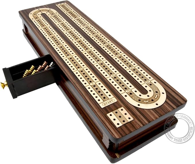 Continuous Cribbage Board/Box Inlaid in Rosewood/Maple 12" - 3 Tracks - Sliding Lid Drawer
