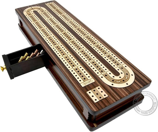 Continuous Cribbage Board/Box Inlaid in Rosewood/Maple 12" - 3 Tracks - Sliding Lid Drawer