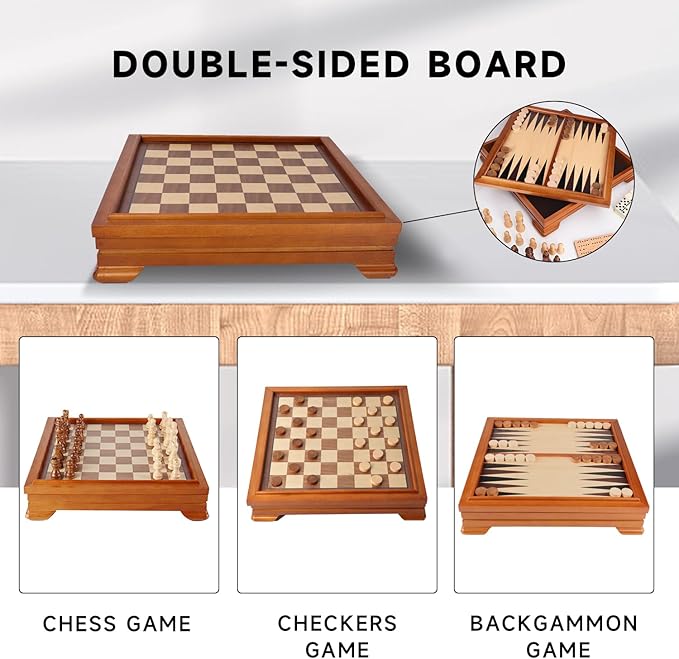 GSE Games & Sports Expert Wooden 7-in-1 Chess, Checkers, Backgammon, Dominoes, Cribbage Board, Playing Card & Poker Dice Game Combo Set (Deluxe)