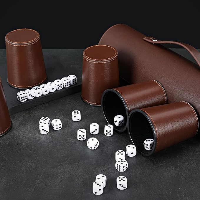 Party Games Leather Dice Cup Set, 5 Black Dices Cups + 25 Dice + Exclusive Storage and Transport Case Made of Faux
