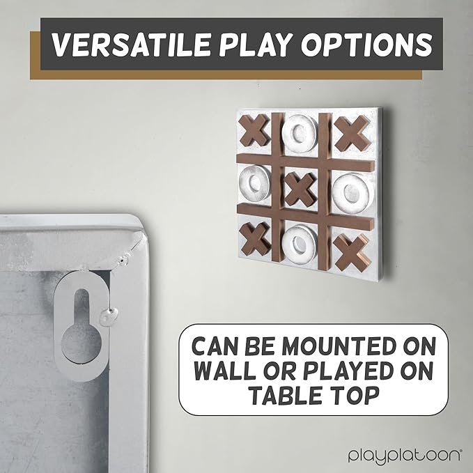Play Platoon Magnetic Tic Tac Toe Game - Large Metal and Wooden Wall Mounted Board Games - 13.5 Inch Table Top or Wall Mounted Farmhouse Rustic for Game Room - Barnwood