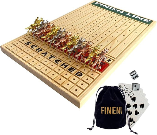 Racing Game for Adults With 11 Luxurious Metal Horses (Silver, Black, Rose Gold), 16" Pine Wood Race Game Board, Dice & Card Included (Log Color)