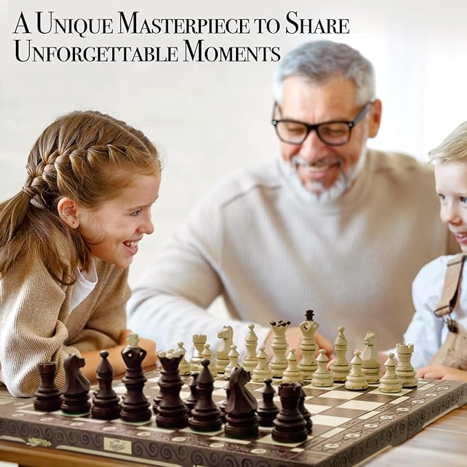 Wegiel Imperator 21-Inch Luxury Wooden Chess Set for Adults and Kids - Handcrafted from Premium Beech and Birch Wood - Unique Folding Design with Chess Piece Storage, Brown