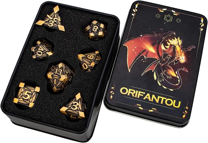 7PCS Metal DND Dice Set with Box, Debris RPG Red D and D Dice for use with D&D Tabletop Games Role Playing Game Polyhedral Dice Set D20 D12 D10 D8 D6 D4