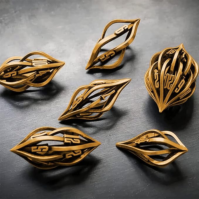 Thyggzjbs The Arcanum Dice Set for Table Games,3D Printed Carved Metal Dice Set Hollow Polyhedral DND RPG MTG Game Dice Set,Creative Craft Decoration,dice Game for Families and Friend (Ancient Gold)