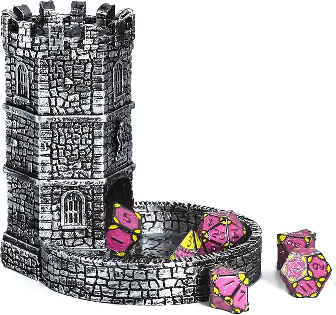 Castle Dice Tower with Tray, Wall Carving Dice Rolling Tray for Dungeons and Dragons | Easy Roller Perfect for Board Game, D&D and RPG, (Ancient Silver)