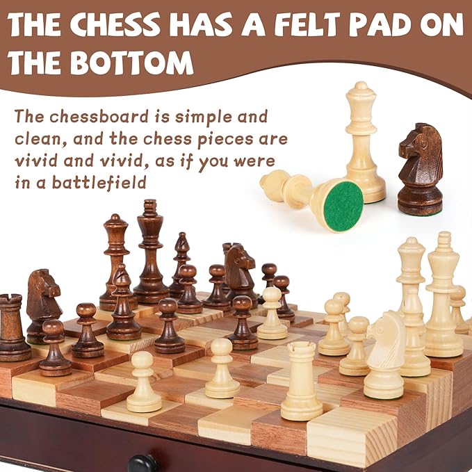 3D Wooden Chess Set with Storage Drawer – 12" Wooden Chess Board & Pieces, Travel Chess Set with Wooden Pieces, Classic Strategy Board Game for Adults Family for Beginners & Pros