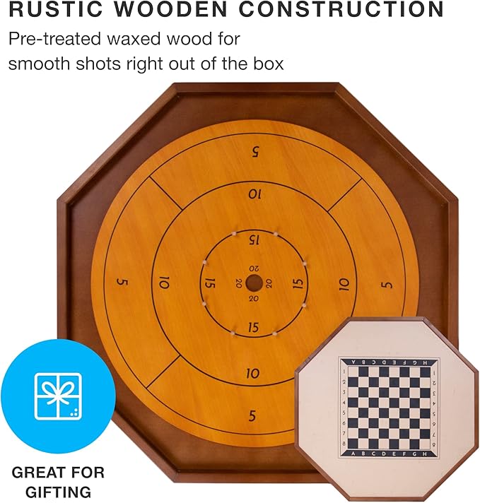 Tournament Crokinole & Checkers | Classic Dexterity Board Game for Two Players | 24 Black & White Discs & Game Board | 30 Inch