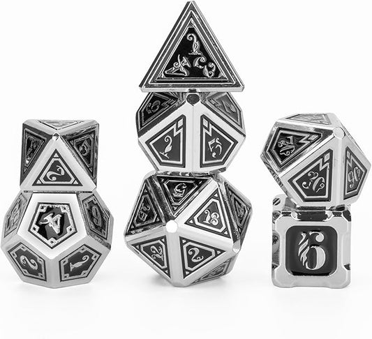 Modern Magic Metal Style 7pcs DND Dice Set with Beautiful Gift Box Suitable for Dungeons and Dragons MTR PRG Tabletop Games (Silver-Black)
