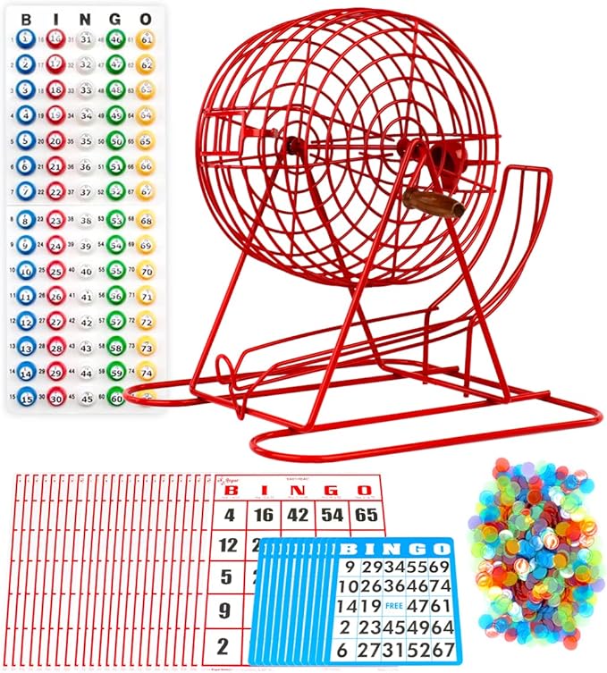 Regal Bingo Professional Bingo Game Set with 11" Wheel Cage, 75 Bingo Balls, Master Board, 18 Bingo Cards & 25 Jumbo Reusable Cards, and Colorful Chips - Bingo Games for Adults Large Group - Red