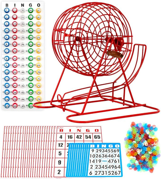 Regal Bingo Professional Bingo Game Set with 11" Wheel Cage, 75 Bingo Balls, Master Board, 18 Bingo Cards & 25 Jumbo Reusable Cards, and Colorful Chips - Bingo Games for Adults Large Group - Red