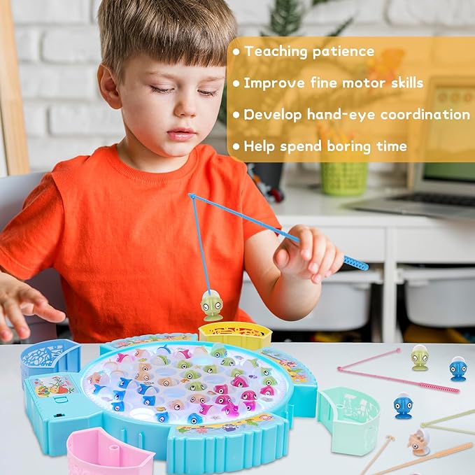Light Up Fishing Game Toys, Rotating Board Game with Music Including 45 Fishes and 8 Fishing Poles, Party Game Toys for Kids Age 4 5 6 7 8 and Up