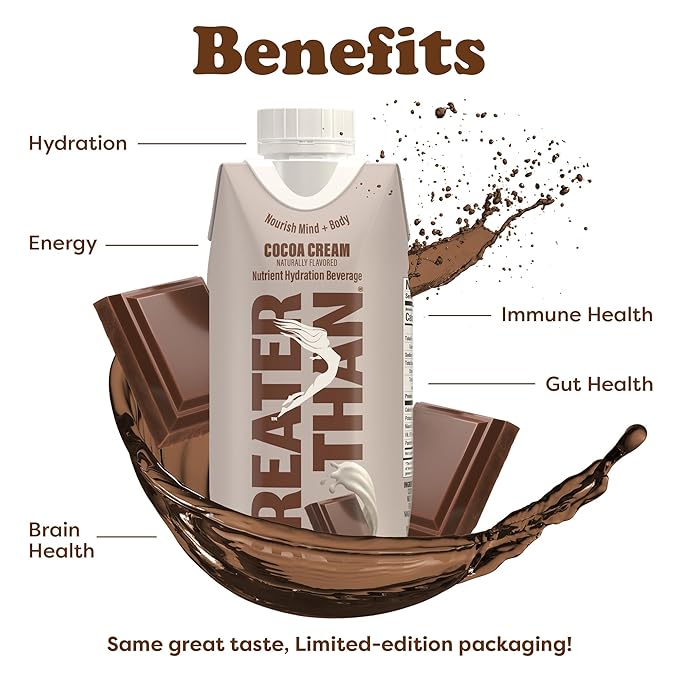 Greater Than Nutrient Hydration Beverage, Electrolyte Drink for Gut Health & Energy with Coconut Water, Vitamins, Gluten Free, Plant Based, Low Sugar, Cocoa Cream, 12 Pack