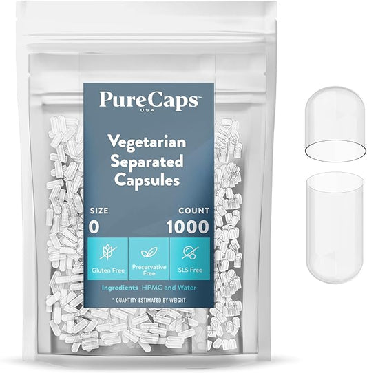 PureCaps USA - Empty Vegetarian and Vegan Pill Capsules Size 0 | 1,000 Separated Pills| Clear| Non-GMO Certified | SLS, Gluten, Preservative Free