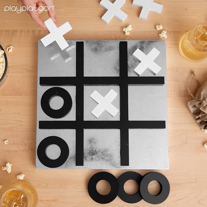 Play Platoon Magnetic Tic Tac Toe Game - Large Metal and Wooden Wall Mounted Board Games - 13.5 Inch Table Top or Wall Mounted Farmhouse Rustic for Game Room - Black & White