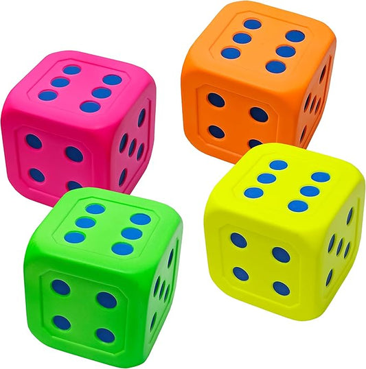 Macro Giant 6 Inch Soft Foam Jumbo Big Playing Dice, Set of 4,Neon Color, Math Teaching, Teaching Aids, Board Games, Kid Toy